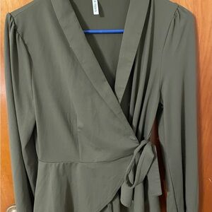 Halara Shawl Collar Wrapped Tie Side Ruffle Hem Blouse.